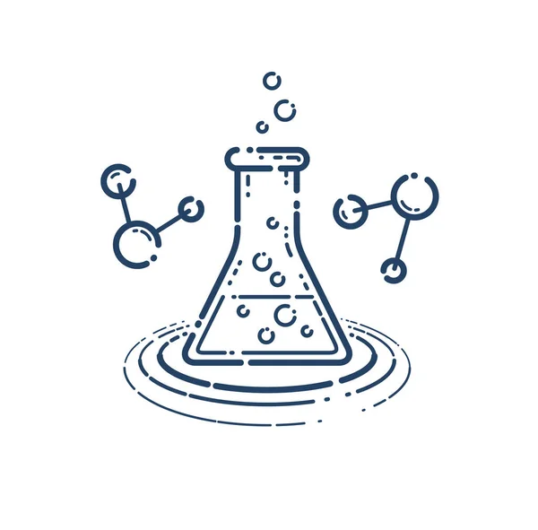 化学フラスコと分子の接続ベクトル単純な線形アイコン 科学化学ラインアートシンボル 研究室の研究 — ストックベクタ
