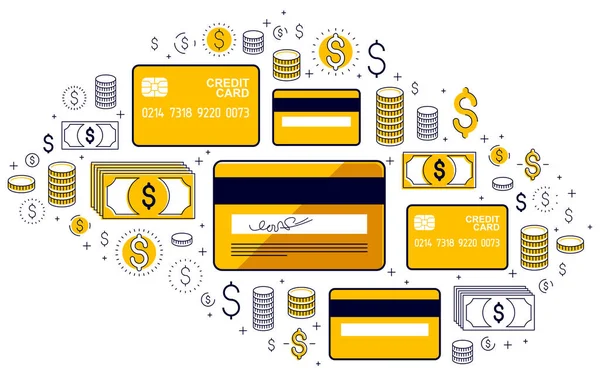 Ensemble Carte Crédit Icône Financière Crédit Bancaire Dépôt Achats Paiements — Image vectorielle