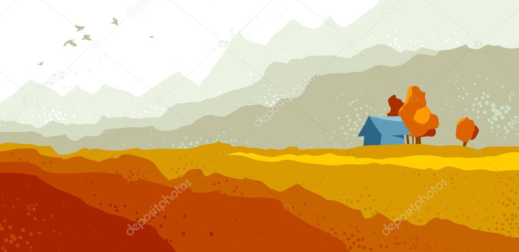 Beautiful scenic nature landscape vector illustration autumn season with grasslands meadows hills and mountains, fall hiking traveling trip to the countryside concept.