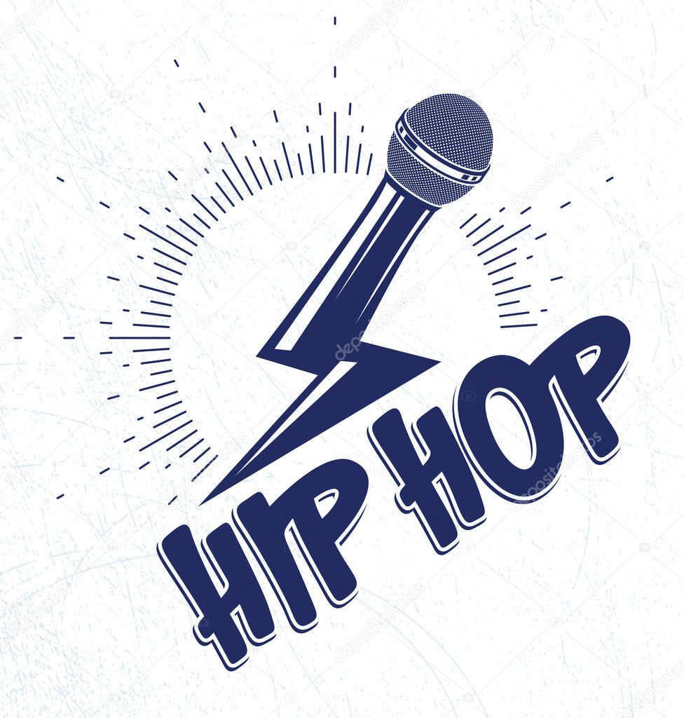 Rap music vector logo or emblem with microphone in a shape of lightning bolt, Hip Hop rhymes festival concert or night club party label, t-shirt print.