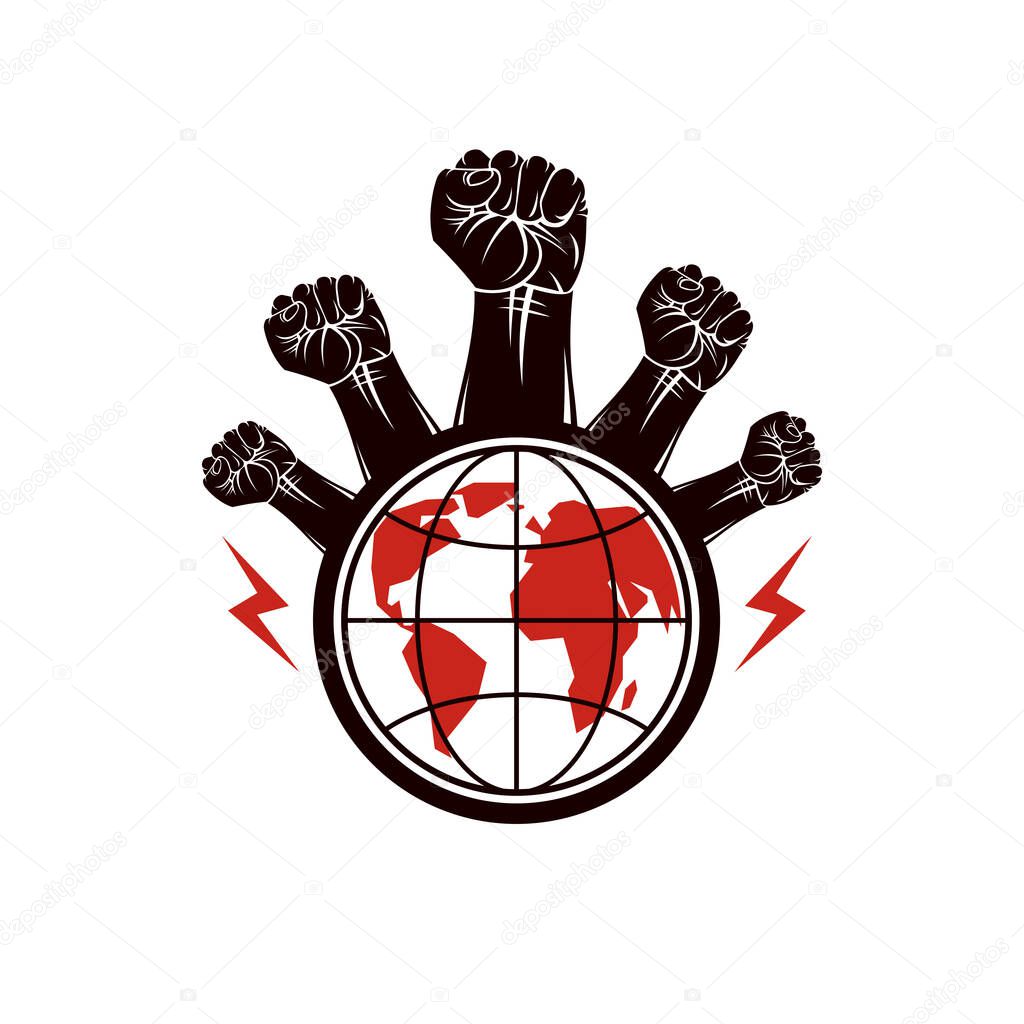 Clenched fists of angry people vector emblem composed with Earth globe symbol. Civil war abstract illustration. Social revolution concept.