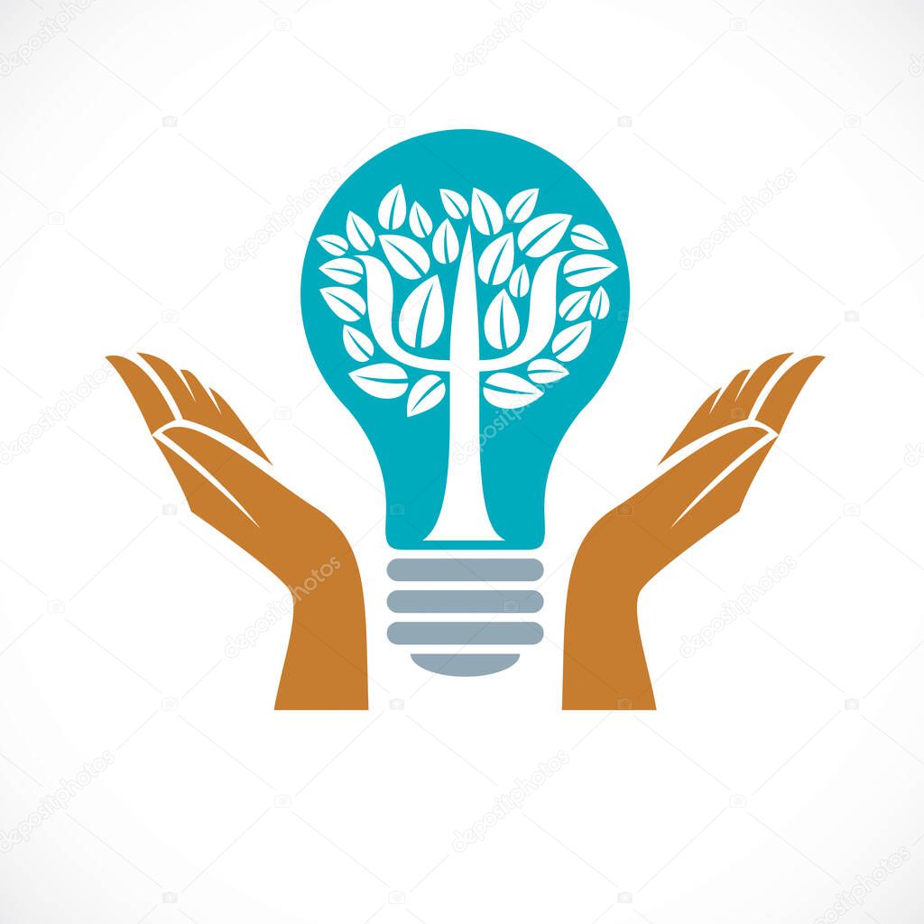 Psychology concept vector logo or icon created with Greek Psi symbol as a tree with leaves inside of idea light bulb with tender caring hands of psychotherapist, mental health concept.