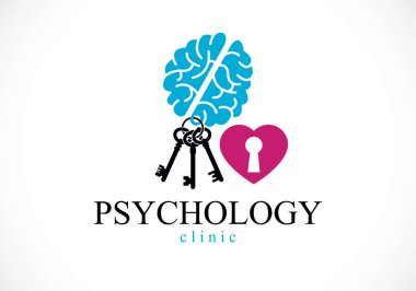 Zihinsel sağlık ve psikoloji kavramsal logo veya ikon, psikanaliz ve psikoterapi insan zihin kavramının anahtarıdır. Vektör basit klasik tasarım.