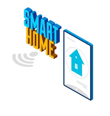 Akıllı ev IOT konsepti elektronik modern ev vektörü izometrik illüstrasyon, akıllı güvenlik, uygulama uzaktan otomatik gelecek teknolojisi.