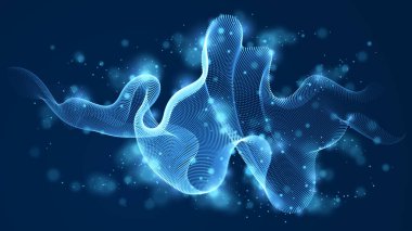 Karanlık, pürüzsüz eğri şekil çizgileri, parçacık dizisi akışı üzerinde akan parçacık dalgası ile vektör soyut arkaplan. 3D şekilli parlayan noktalar harmanlanmış ağ, teknoloji duvar kağıdını rahatlatıyor.