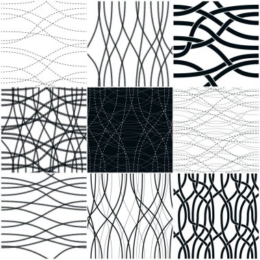 Eğimli dalgalı çizgiler, pürüzsüz desenler dizildi, vektörler sonsuz arka plan koleksiyonunu tekrarlıyor, birbirine dolanmış çizgiler, duvar kağıdı kaplama motifleri. Kumaş, duvar kağıdı, ambalaj, ağ ve baskı için kullanılabilir. Tek renk, siyah beyaz kumaş..