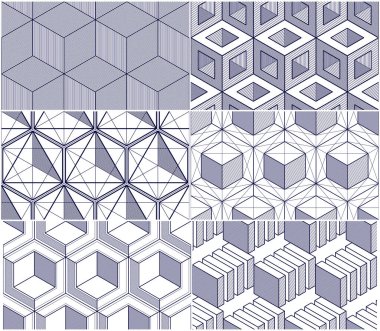 Geometrik küpler soyut dikişsiz kalıplar, 3 boyutlu vektör arkaplan koleksiyonu. Teknoloji stili mühendislik çizgisi sonsuz çizimler çiziyor. Kumaş, duvar kağıdı ve ambalaj için kullanılabilir. Tek renk, siyah ve beyaz..