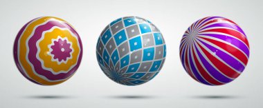 Soyut vektör gerçekçi küreler seti, desenlerle süslenmiş güzel festival topları koleksiyonu, grafik tasarım elementleri.