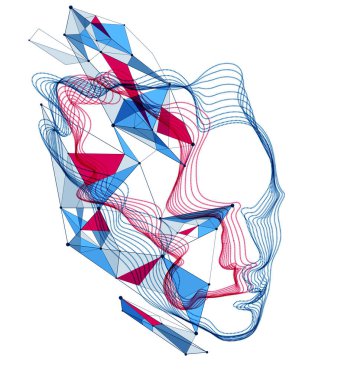 Yapay Zeka, soyut sanatsal insan kafası portresi noktalı parçacıklar dizisi, vektör yazılım dijital görsel arayüz. Dijital ruh, teknolojik zaman ruhu..