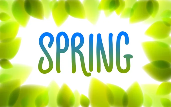 春の言葉は窓に描かれ 緑の葉は背景をぼやけて ベクトル現実的なイラスト 純粋な自然の美しい芸術 — ストックベクタ