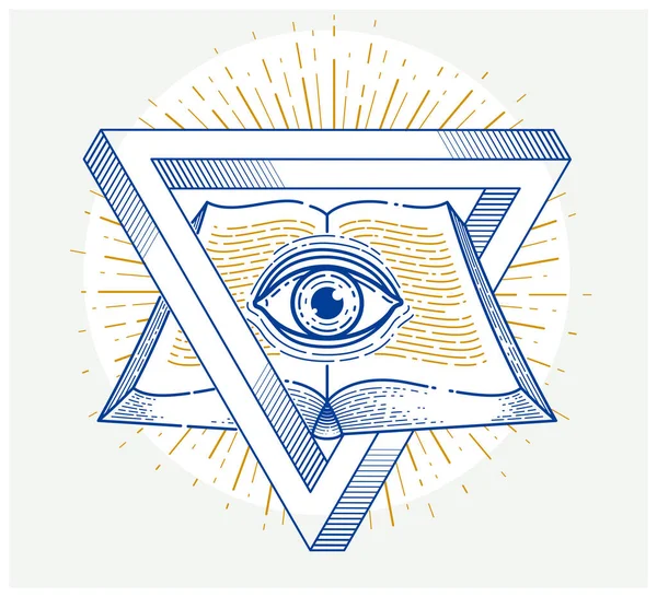 Тайные Знания Винтажная Открытая Книга Всеми Видя Глаз Бога Сакральной — стоковый вектор