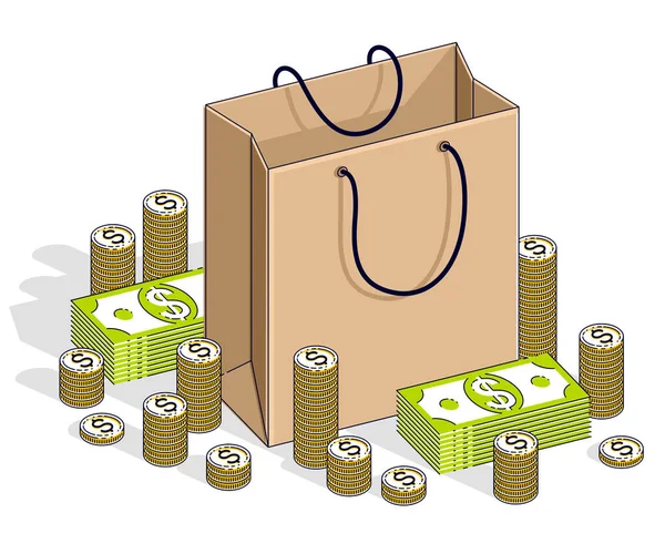 Big Sale Concept Retail Sellout Shopping Bag Cash Money Stacks — Stock Vector