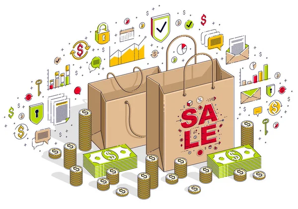 Sellout Concept Retail Big Sale Shopping Bag Cash Money Stacks — Stock Vector