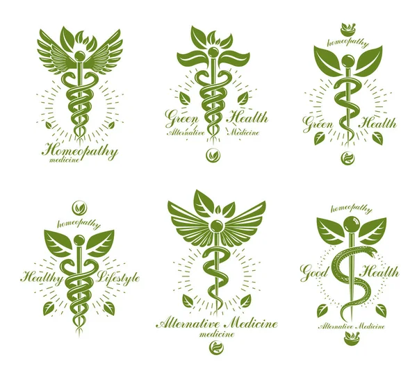 Conjunto Emblemas Conceituais Vetoriais Caduceus Criados Com Cobras Folhas Verdes — Vetor de Stock