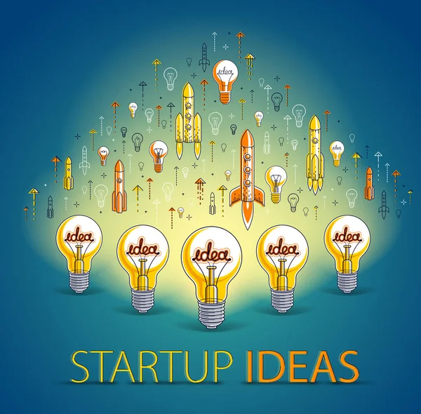 Gruppe Leuchtender Glühbirnen Und Raketen Startup Ideen Teamwork Kreatives Business — Stockvektor