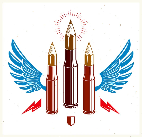 アイデアは 創造力 ベクトルロゴやアイコンの代わりに鉛筆で翼のある銃器カートリッジケースとして示されているデザイナーやアーティストの主張の武器の概念です — ストックベクタ