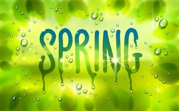 Palabra Primavera Dibujado Una Ventana Hojas Verdes Frescas Gotas Lluvia — Vector de stock