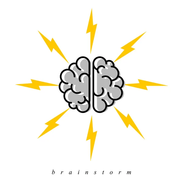 Brainstormkonzept Vektor Logo Oder Symbol Menschliches Gehirn Und Blitz Einfaches — Stockvektor