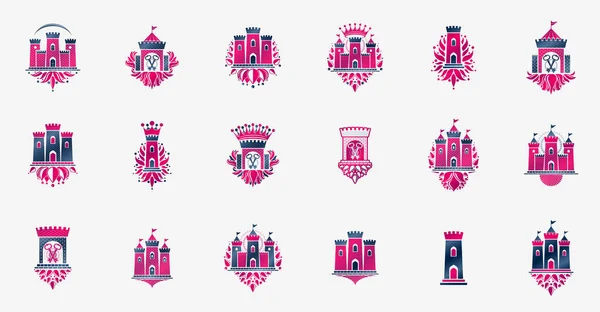 Fortalezas Emblemas Vector Emblemas Conjunto Grande Castillos Heráldico Diseño Elementos — Vector de stock