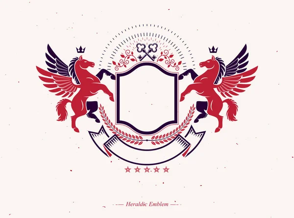 Graficzny Emblemat Vintage Skomponowany Skrzydlatym Elementem Pegasus Starożytnego Zwierzęcia Korony — Wektor stockowy