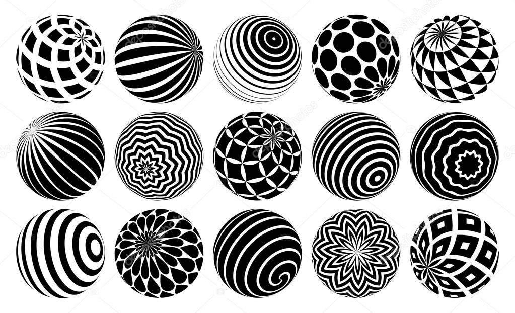 Abstract spheres vector set, collection of balls decorated with patterns, 3D mixed variety globes with ornaments collection, single color black and white useful for logos.