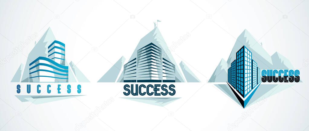 Rock climber as a concept of reaching goal of success behind of modern architecture business office building. Career concept. Vector illustrations set. Real estate realty center, futuristic facade.