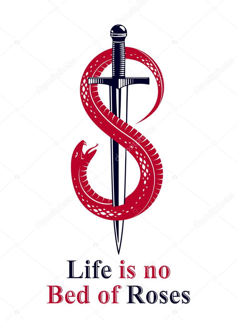 Dagger kills a Snake, defeated Serpent wraps around a sword vector vintage tattoo, Life is a Fight concept, life is no bed of roses, allegorical logo or emblem of ancient symbol.