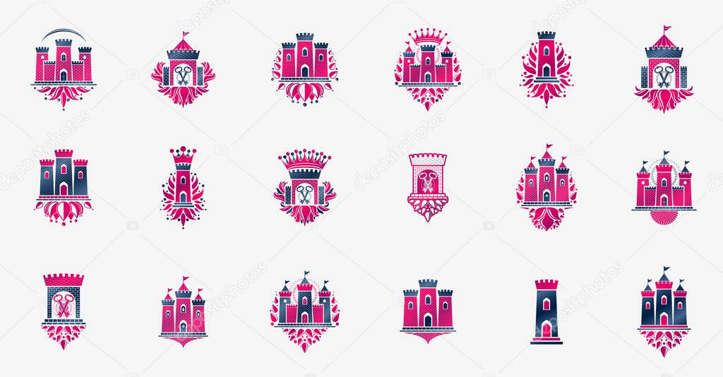 Fortresses emblems vector emblems big set, castles heraldic design elements collection, classic style heraldry architecture symbols, antique forts and citadels.