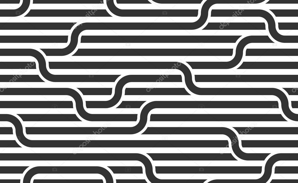 Linear seamless background with twisted lines, vector abstract geometric pattern, stripy weaving, optical maze, web network. Black and white design.