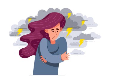 Stresli ve rahatsız hisseden genç bir kadın, zihinsel bozukluk, panik ve endişe yaşayan birinin vektör çizimi, psikolojik sorunlar..