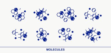 Molekül vektör simgeleri seti, kimya bilimi moleküler mikroskobik yapılar, laboratuvar deneyleri ve eğitim.