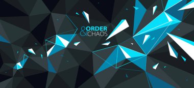 Düşük polyester siyah ve mavi vektör soyut arkaplan, 3 boyutlu çokgen yüzey dinamik patlamanın karmaşasında kırık enkaz, buruşuk parçacıklar.