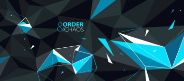 Düzen ve kaos vektörü soyut arkaplan, 3D koyu siyah ve parlak mavi düşük poligonal yüzey bozunmuş parçacıklar hareket halinde.