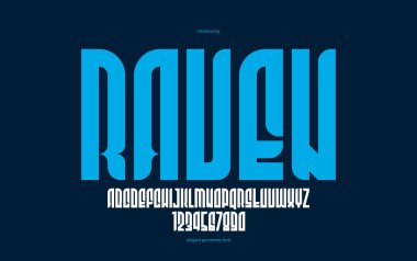 Logo başlıkları veya sloganlar için basit, kalın ve güzel geometrik yazı karakteri, sayıların, posterlerin ve reklamların yer aldığı büyük harfler, kalın ve güzel geometrik yazı karakteri, cesur basit sade yazı tipi..