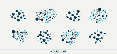 Molekül yapı vektör simgeleri seti, kimya moleküler mikroskobik yapı, bilim ve ilaç teması.