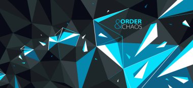 Düşük poligonal yüzeyin soyut çokgen vektör arkaplanı ve bozuk şekiller hareket halindeki parçacıklar, siyah ve mavi renk düzeni ve kaos yaratıcı konsept.