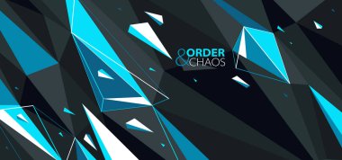 Düzen ve kaos vektörü soyut arkaplan, 3D koyu siyah ve parlak mavi düşük poligonal yüzey bozunmuş parçacıklar hareket halinde.