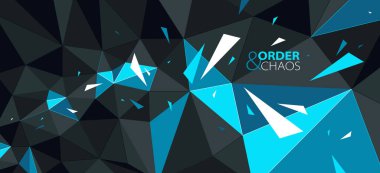 Siyah ve mavi çokgen vektör soyut arkaplan, 3D düşük poli yüzey hareketli dinamik parçacıklar, düzen ve kaos yaratıcı kavram, bozuk elementler.