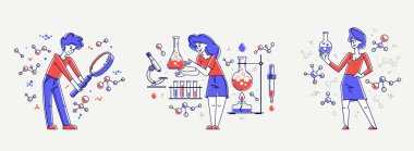 Bilim teorisini keşfeden ve deney vektörü çizimi çizen bilim adamları, kuramsal bilim araştırmaları veya icatları, eğitim öğrenme üniversitesi.