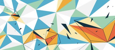 Renkli düşük polyester yüzey vektörü soyut 3D arkaplan, hareket halindeki bozuk elementlerle çokgen soyutlama, soyutlama ile uçan dinamik parçacıklar.