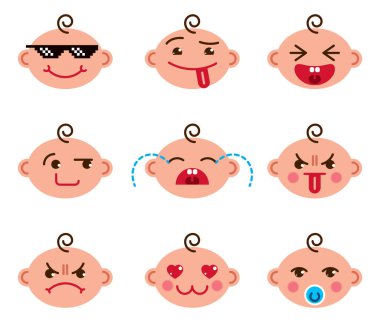 Şirin Bebek çizgi film vektör düz Icons set emoji gülen koleksiyon, çok güzel, mutlu, gülümseyen, gülüyor, dilini gösteren, dil, ağlıyor, üzgün ve kızgın gösterilen piksel gözlük cool.
