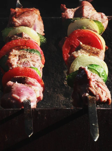 Shashlik Carne Assada Carvão Vegetal Com Borrego Porco — Fotografia de Stock