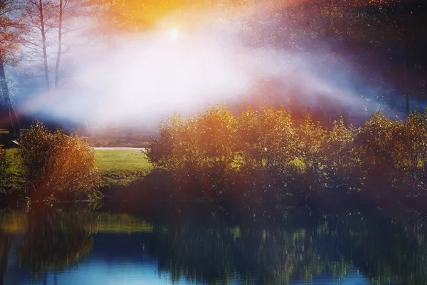 Wunderschöne Naturlandschaft Herrliche Aussicht Auf Den Herbstsee Sonnenstrahlen Durch Nebel — Stockfoto