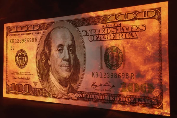 Brandende Dollarbiljet Als Een Symbool Van Inflatie Financiële Crisis — Stockfoto