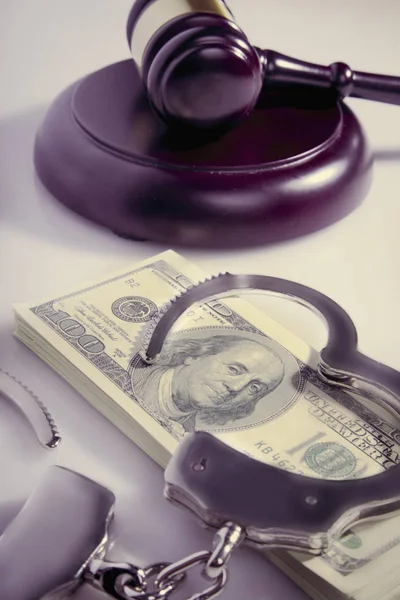 Dollar Cash Handcuffs Judge Gavel Symbol Corruption Judicial System Justice — Stock Photo, Image