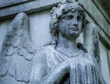 koyu renk arka plan (antik heykel ile altın bir melek heykeli)