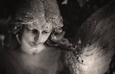 Bir mezarlık yaprakları (Ayrıntılar arka planı üzerinde üzgün bir melek Vintage görüntüsü)