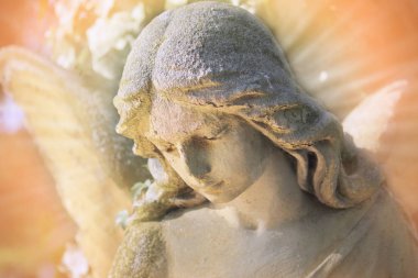 Karanlık yeşillik çerçevede bir ışıkla aydınlatılmış Altın melek heykelinin görkemli görünümü. 