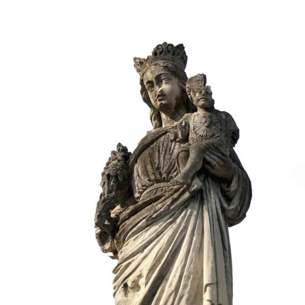 Сломанная Красивая Статуя Девы Марии Младенцем Иисусом Христом Религия Вера — стоковое фото