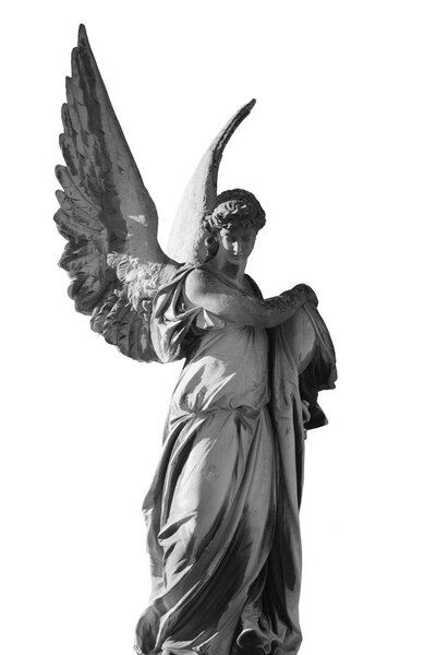 Vintage image of a sad angel on a cemetery against white background (details)